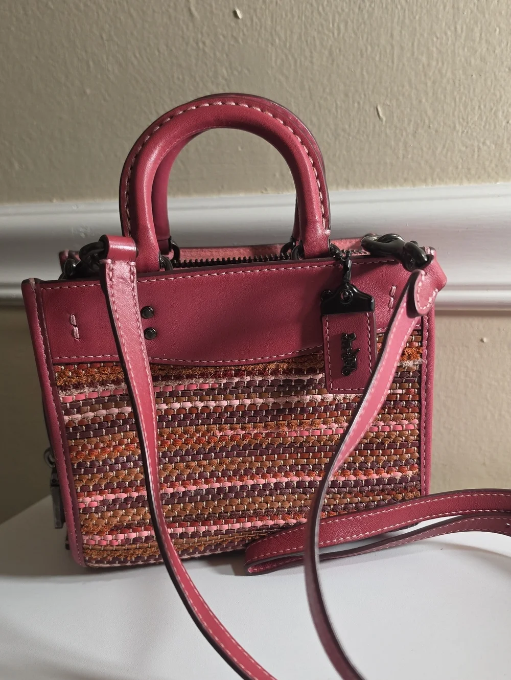 Coach Pink Upwoven Mini Satchel with Leather Trim